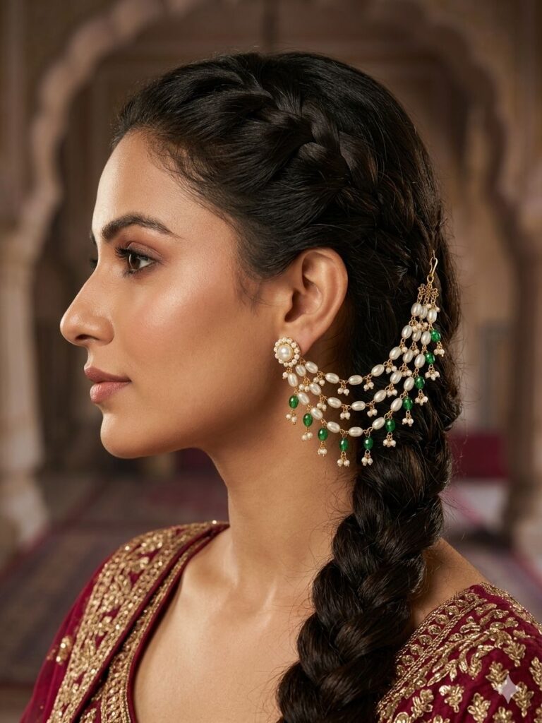 💚 Pearl Ear Cuff Hair Chain | Traditional Bridal Ear to Hair Jewellery