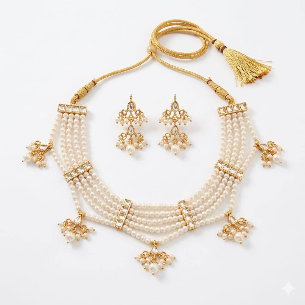 Traditional Pearl Choker Necklace Set - Image 4