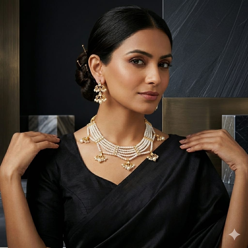 Traditional Pearl Choker Necklace Set - Image 2