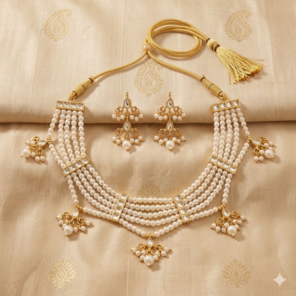 Traditional Pearl Choker Necklace Set - Image 6