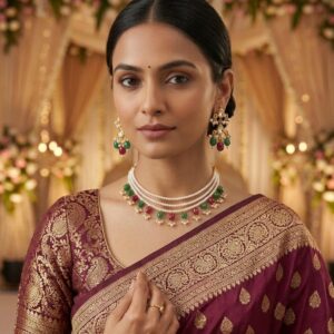 💎 Ruby Green Pearl Choker Necklace Set with Earrings | Traditional Wedding Jewellery