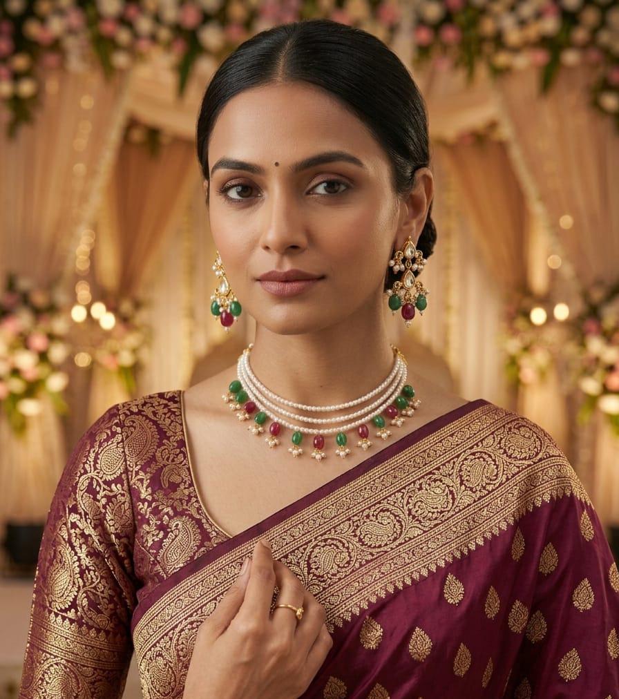 💎 Ruby Green Pearl Choker Necklace Set with Earrings | Traditional Wedding Jewellery