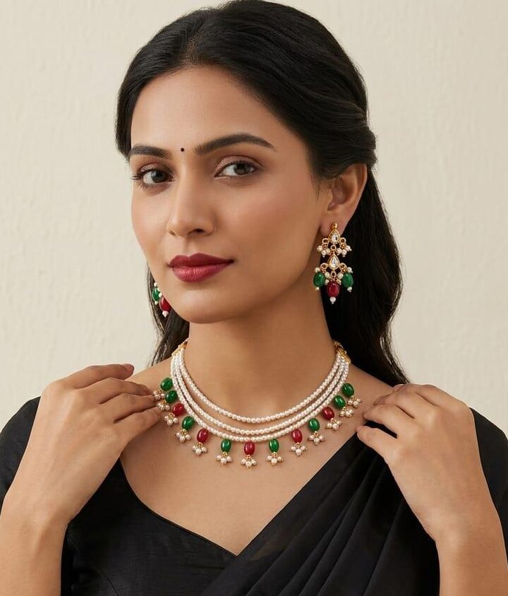 Ruby Green Pearl Choker Necklace Set