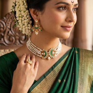 💚 Green Kundan Pearl Choker Necklace Set with Earrings | Traditional Bridal Jewellery