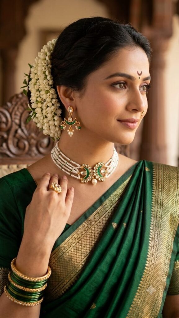 💚 Green Kundan Pearl Choker Necklace Set with Earrings | Traditional Bridal Jewellery