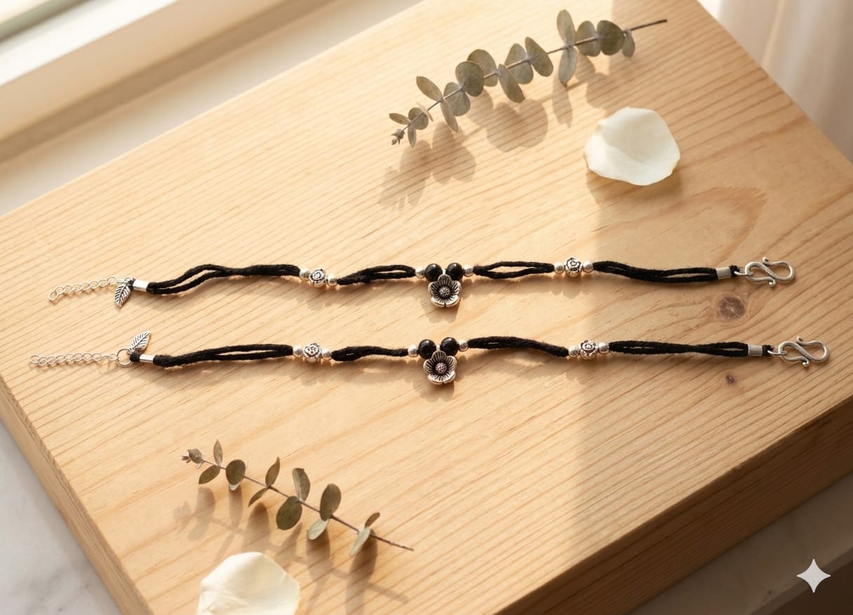 Beautiful Black Beads Flower Anklet - Image 3