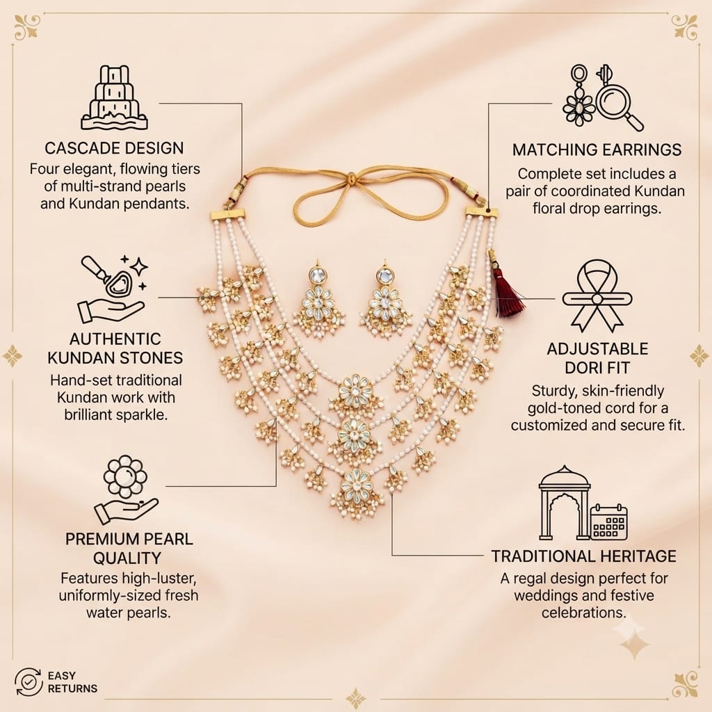 Royal Kundan Pearl Layered Necklace Set for Women | Traditional Bridal Jewelry with Earrings - Image 10