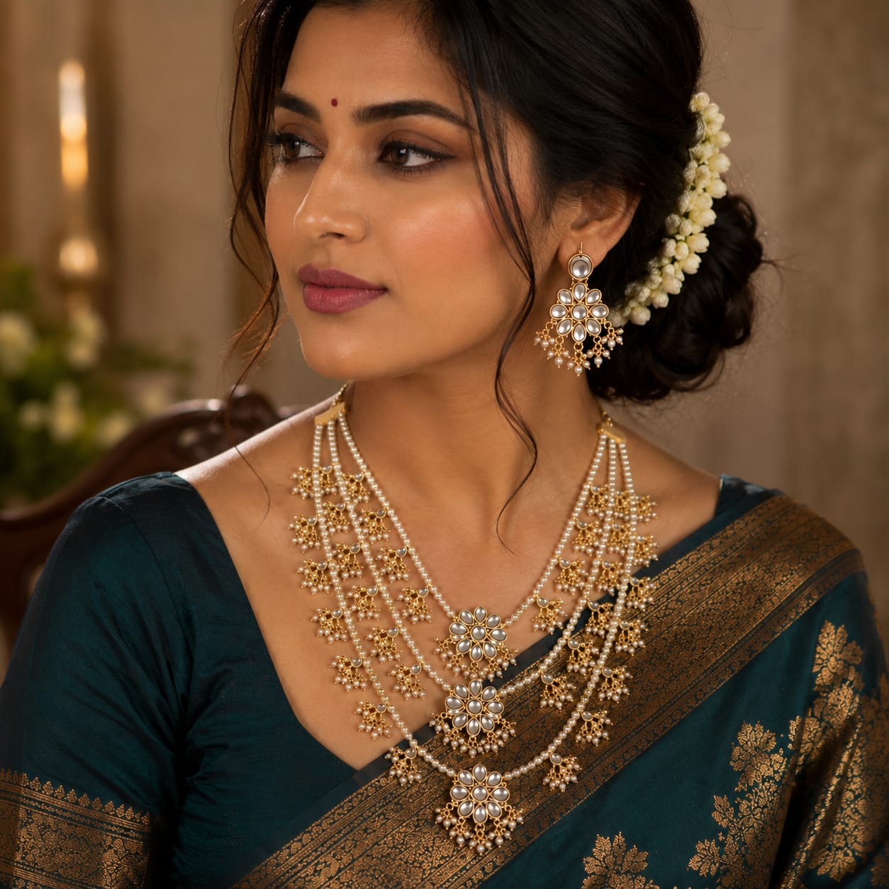 Royal Kundan Pearl Layered Necklace Set for Women | Traditional Bridal Jewelry with Earrings - Image 3