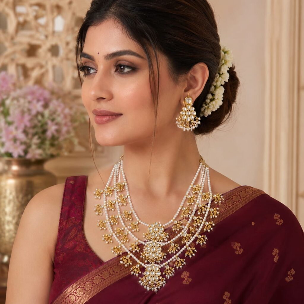 Royal Kundan Pearl Layered Necklace Set for Women | Traditional Bridal Jewelry with Earrings