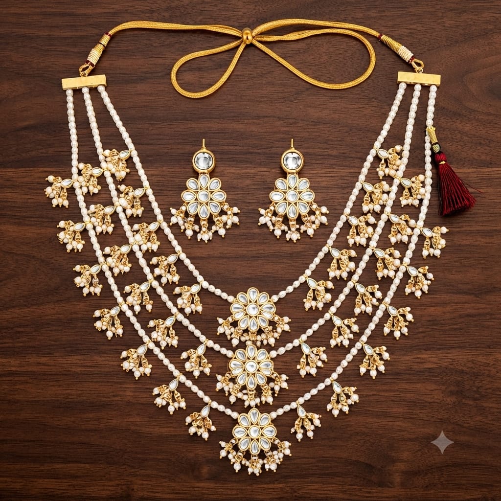 Royal Kundan Pearl Layered Necklace Set for Women | Traditional Bridal Jewelry with Earrings - Image 7