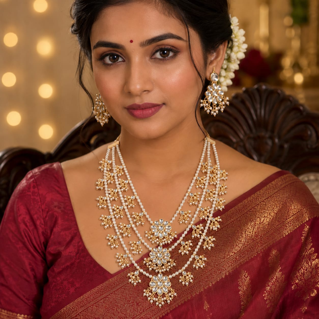Royal Kundan Pearl Layered Necklace Set for Women | Traditional Bridal Jewelry with Earrings - Image 6