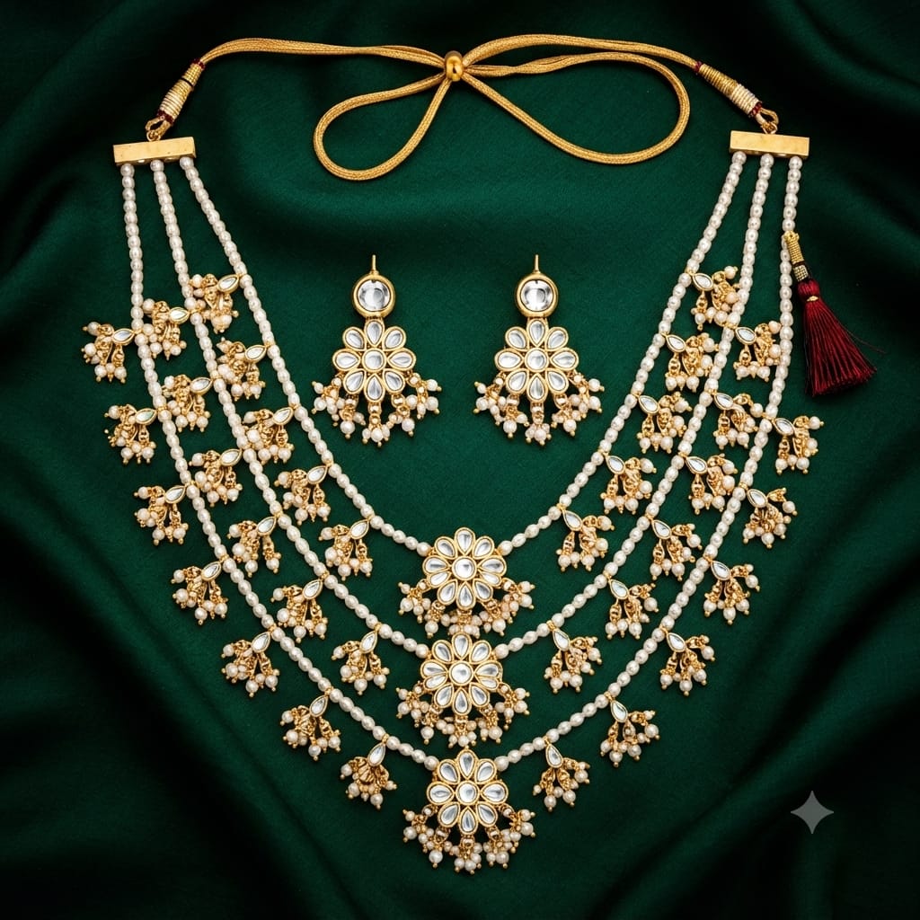 Royal Kundan Pearl Layered Necklace Set for Women | Traditional Bridal Jewelry with Earrings - Image 2