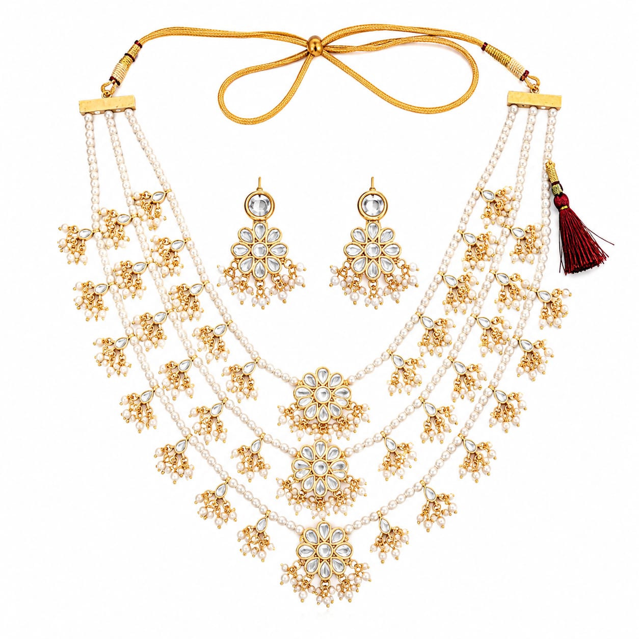 Royal Kundan Pearl Layered Necklace Set for Women | Traditional Bridal Jewelry with Earrings - Image 5