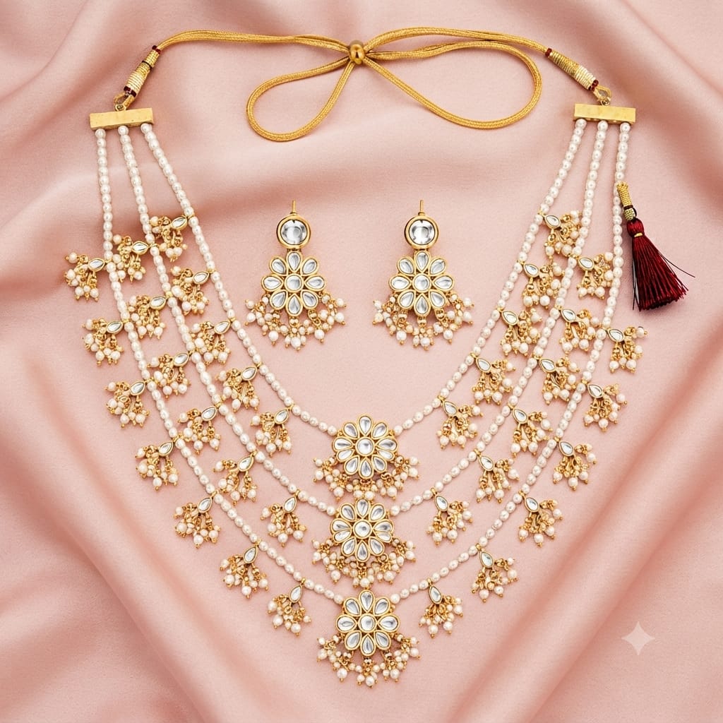 Royal Kundan Pearl Layered Necklace Set for Women | Traditional Bridal Jewelry with Earrings - Image 4