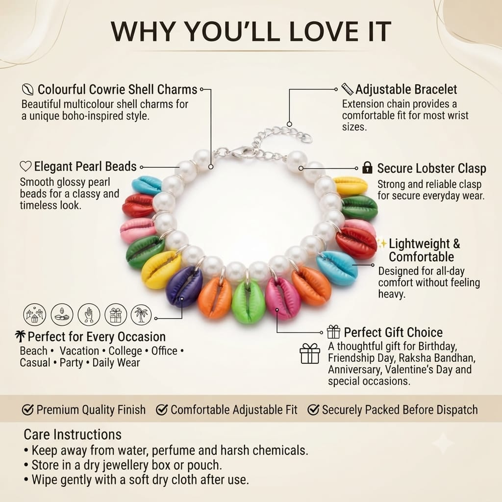 Colorful Shell & Pearl Charm Bracelet for Women | Boho Beach Style Adjustable Bracelet - Image 10