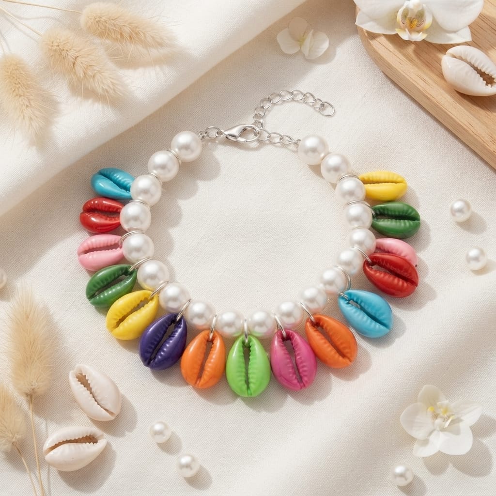 Colorful Shell & Pearl Charm Bracelet for Women | Boho Beach Style Adjustable Bracelet