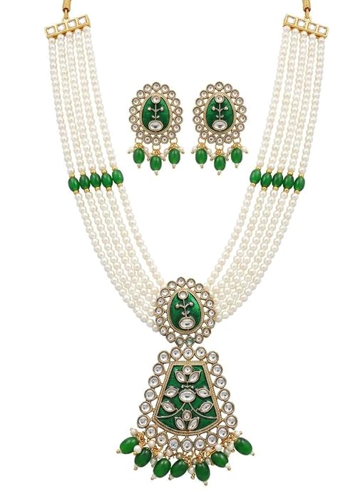Green Kundan Pearl Necklace Set | Mitrang