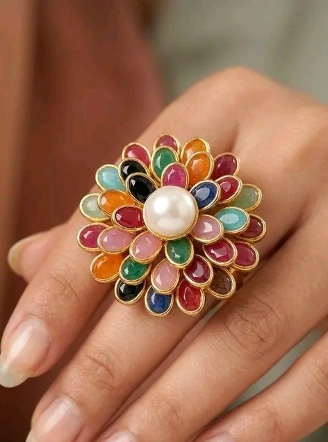 Pearl Flower Adjustable Ring for Women Brass Pearl Ring - Image 3