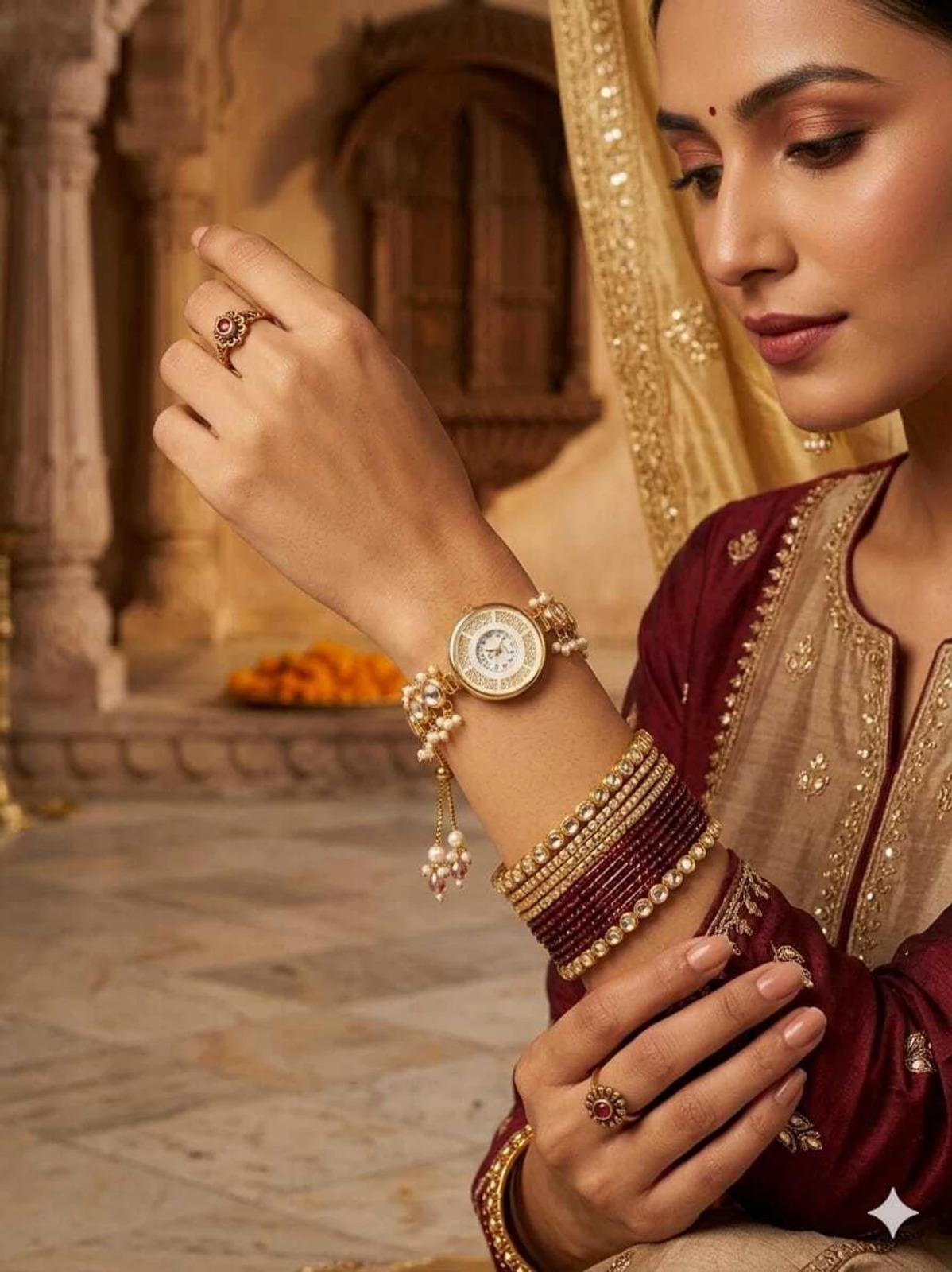 Pearl Kundan Bracelet Watch for Women | Mitrang Creation - Image 4