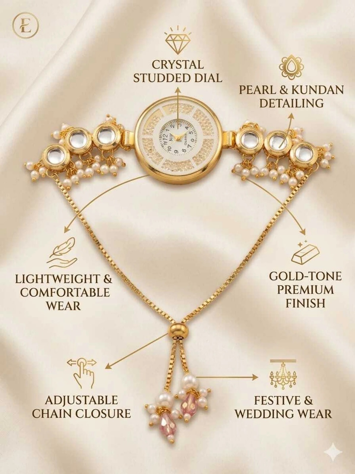 Pearl Kundan Bracelet Watch for Women | Mitrang Creation - Image 5