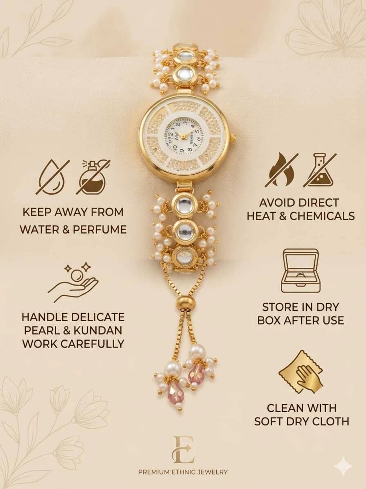 Pearl Kundan Bracelet Watch for Women | Mitrang Creation - Image 6