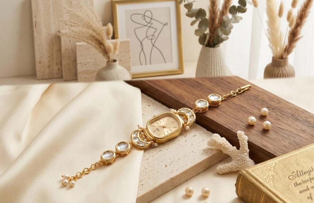 Pearl Embellished Gold Bracelet Watch for Women