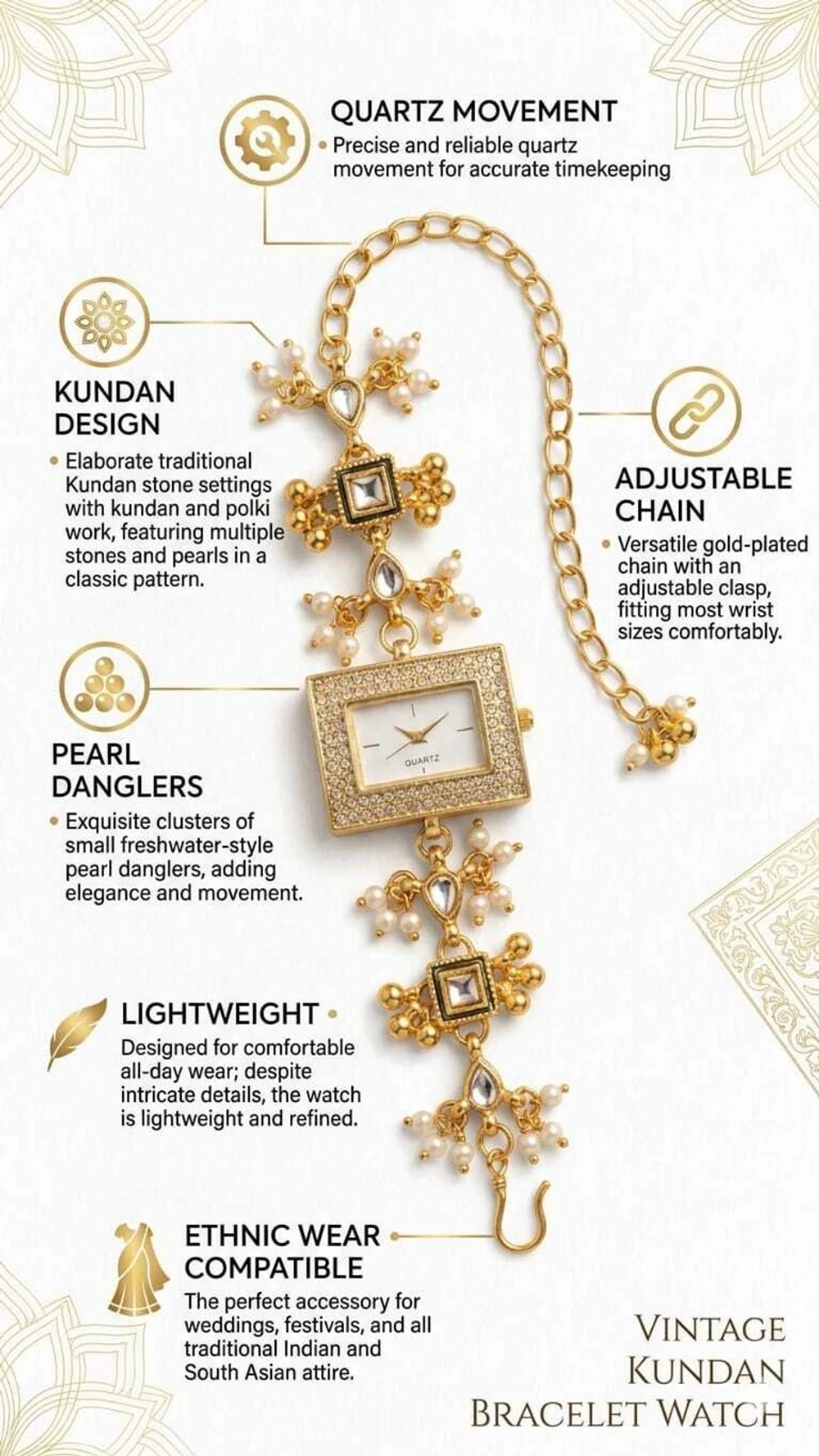 Traditional Kundan Bracelet Watch for Women - Image 9