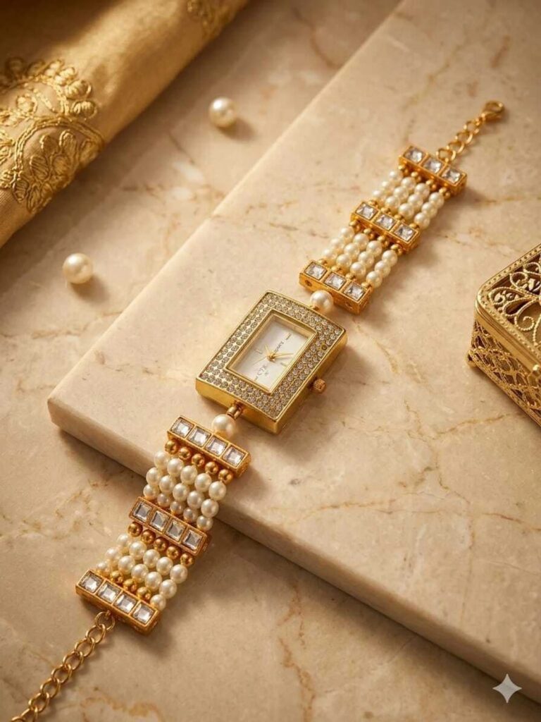 Pearl Bracelet Watch for Women | Gold Tone Party Wear Watch