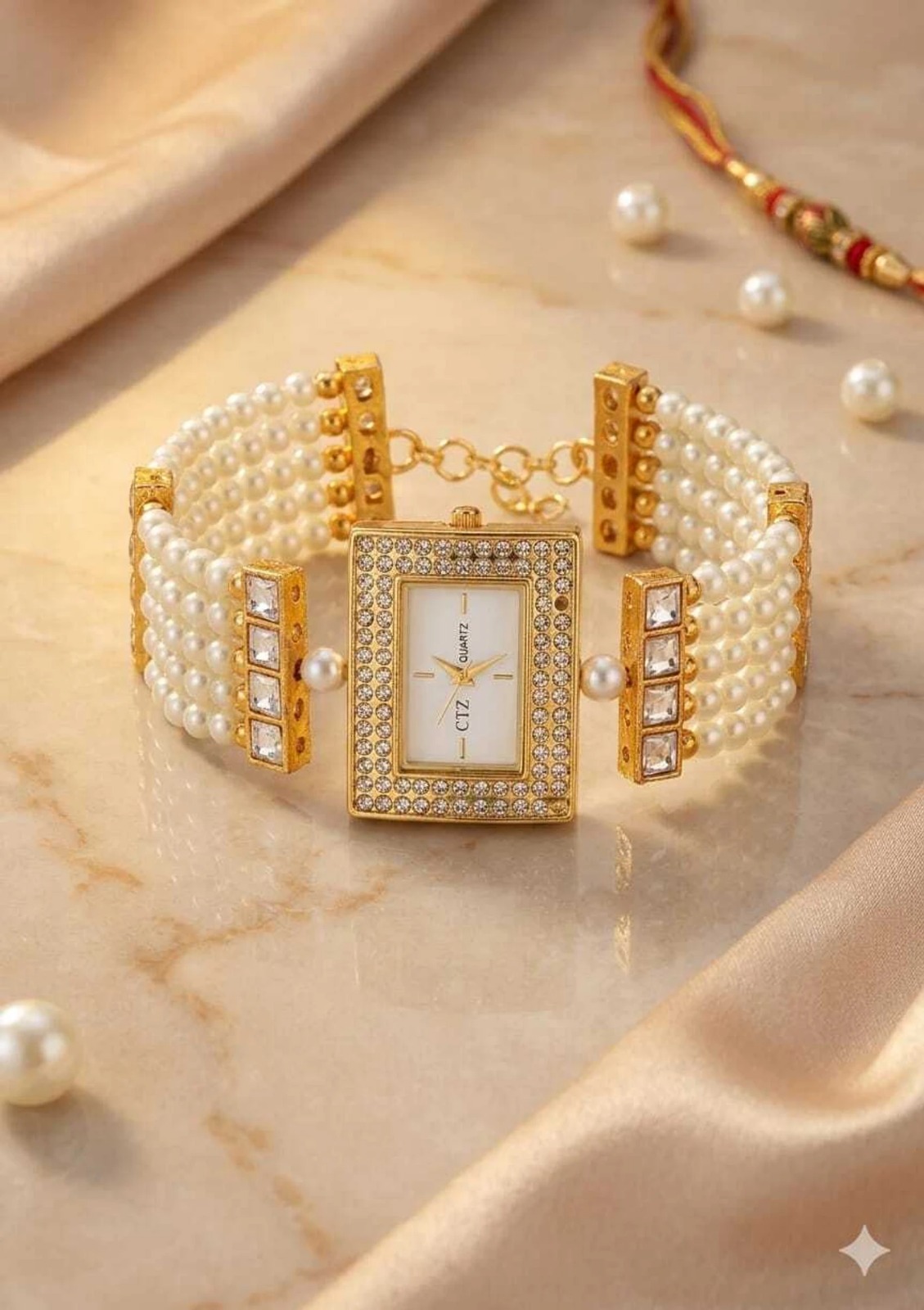 Pearl Bracelet Watch for Women | Gold Tone Party Wear Watch - Image 3