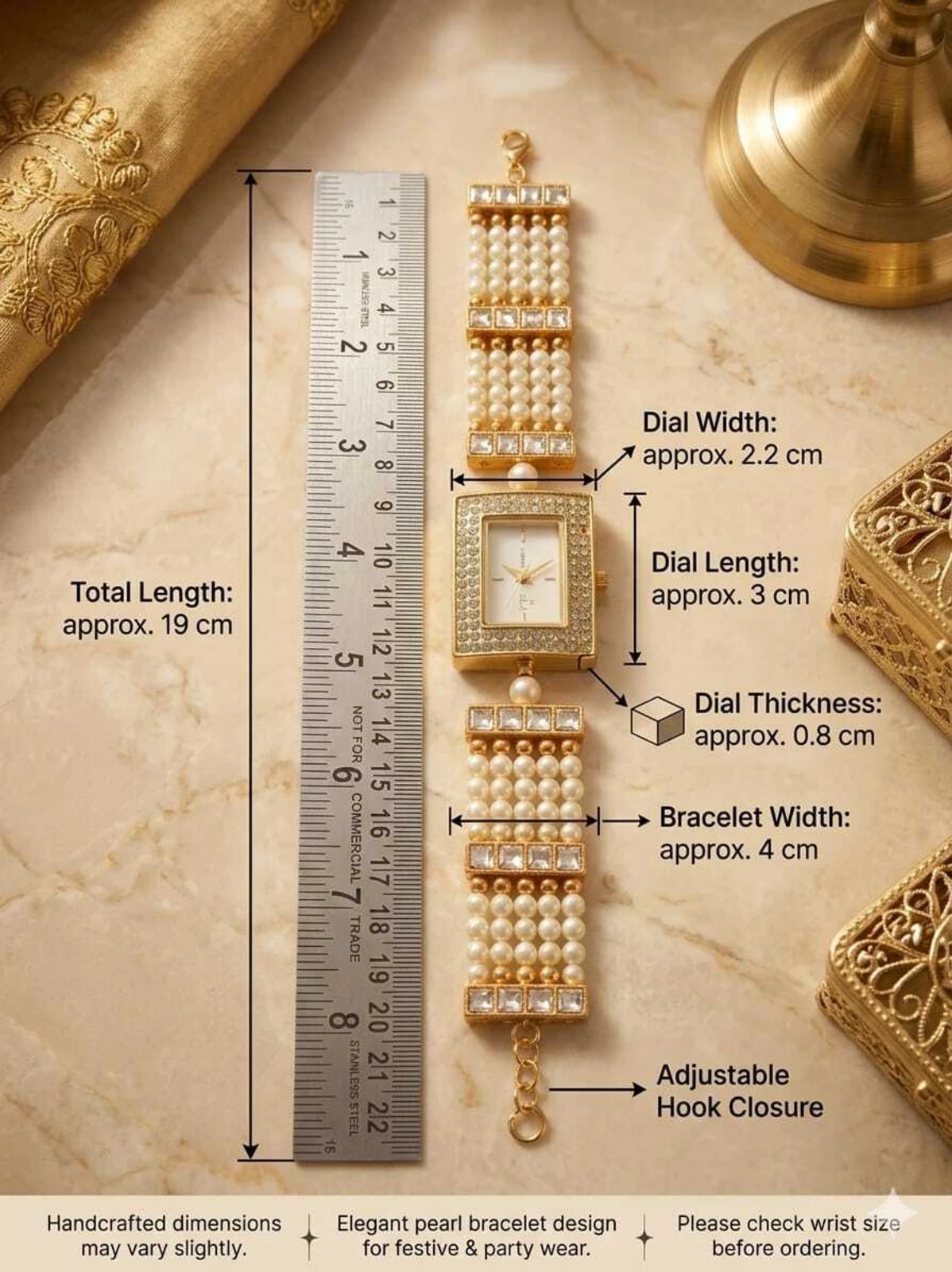 Pearl Bracelet Watch for Women | Gold Tone Party Wear Watch - Image 10