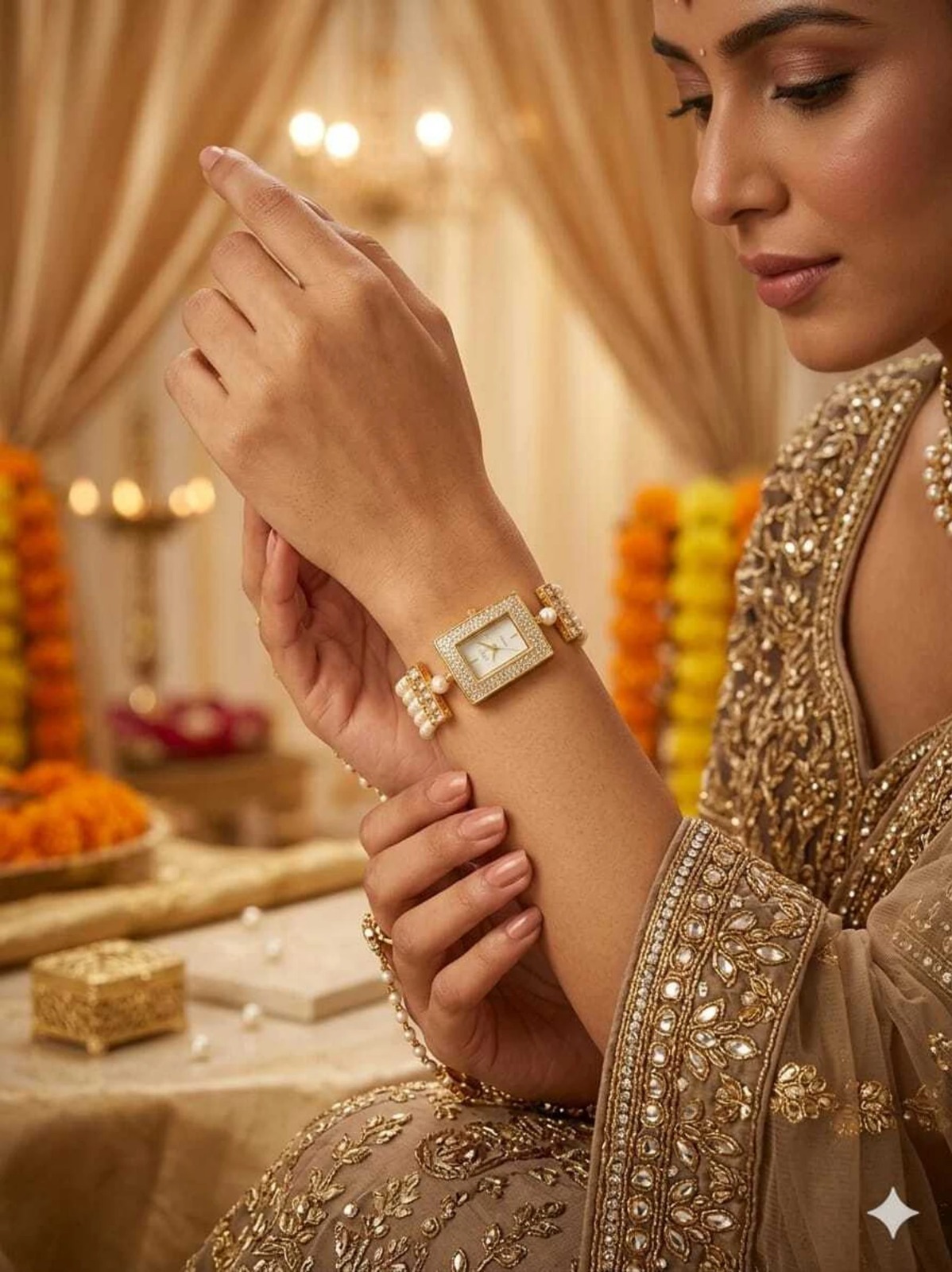 Pearl Bracelet Watch for Women | Gold Tone Party Wear Watch - Image 2