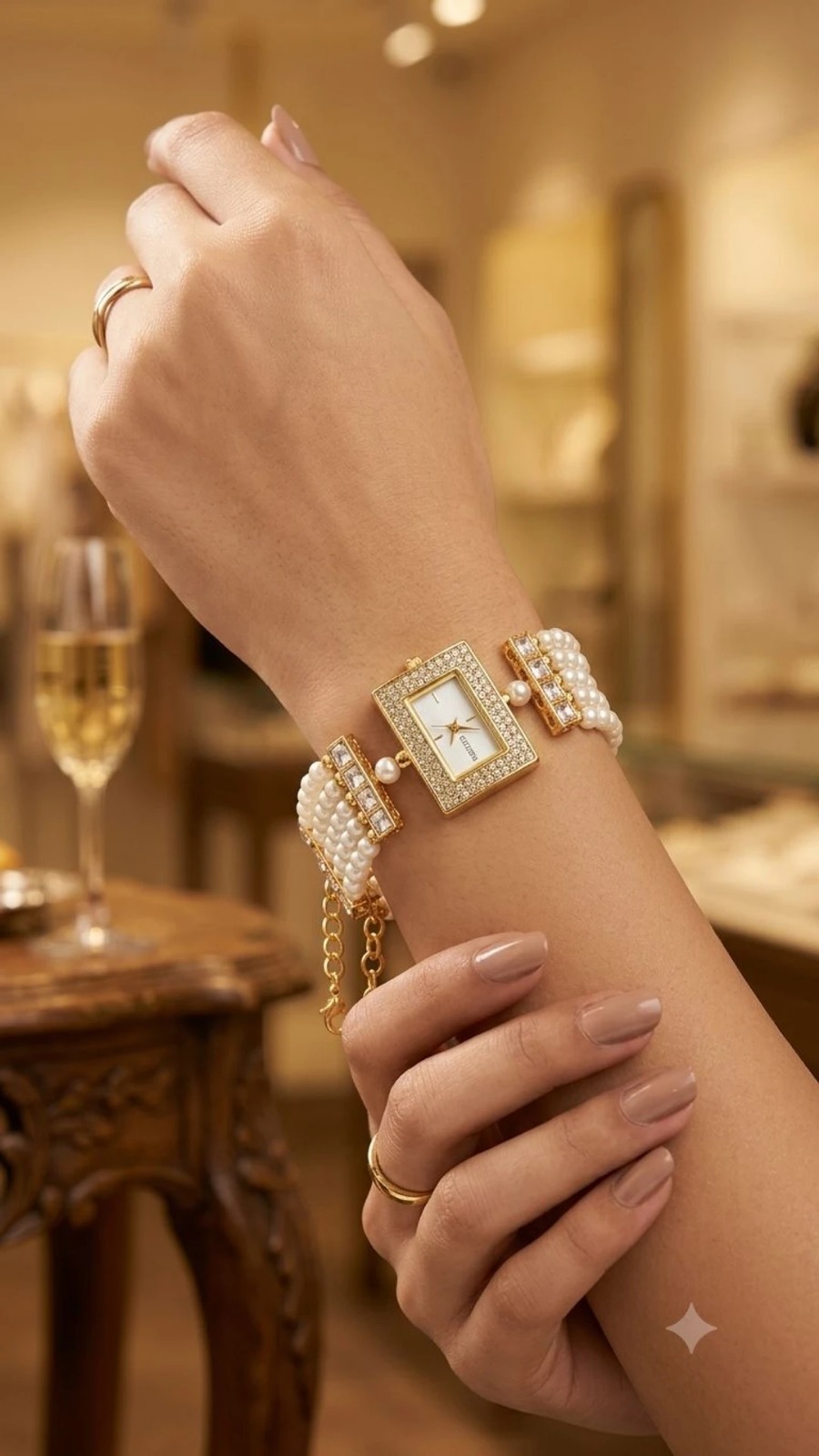 Pearl Bracelet Watch for Women | Gold Tone Party Wear Watch - Image 4