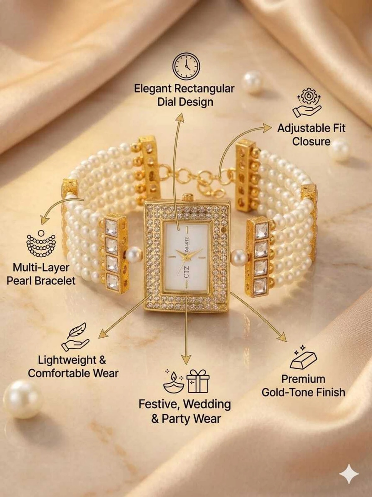 Pearl Bracelet Watch for Women | Gold Tone Party Wear Watch - Image 9