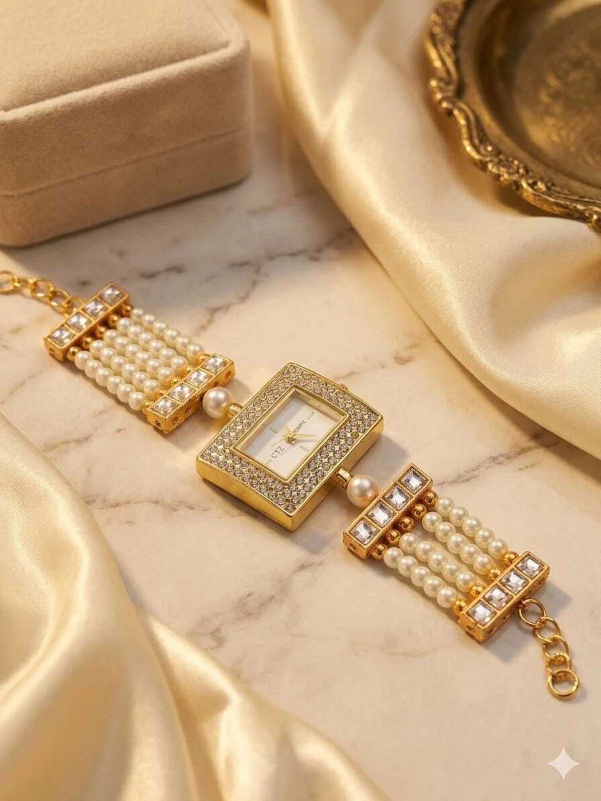 Pearl Bracelet Watch for Women | Gold Tone Party Wear Watch - Image 6