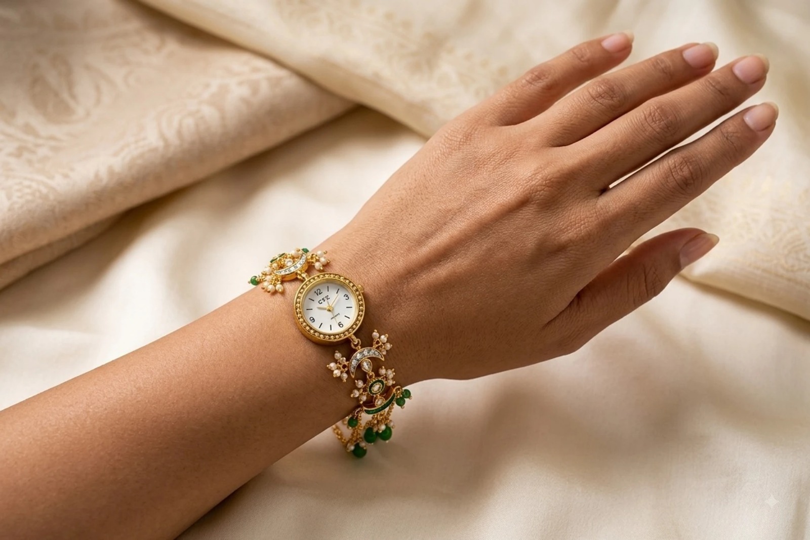 Green Kundan Bracelet Watch for Women | Round Dial - Image 2