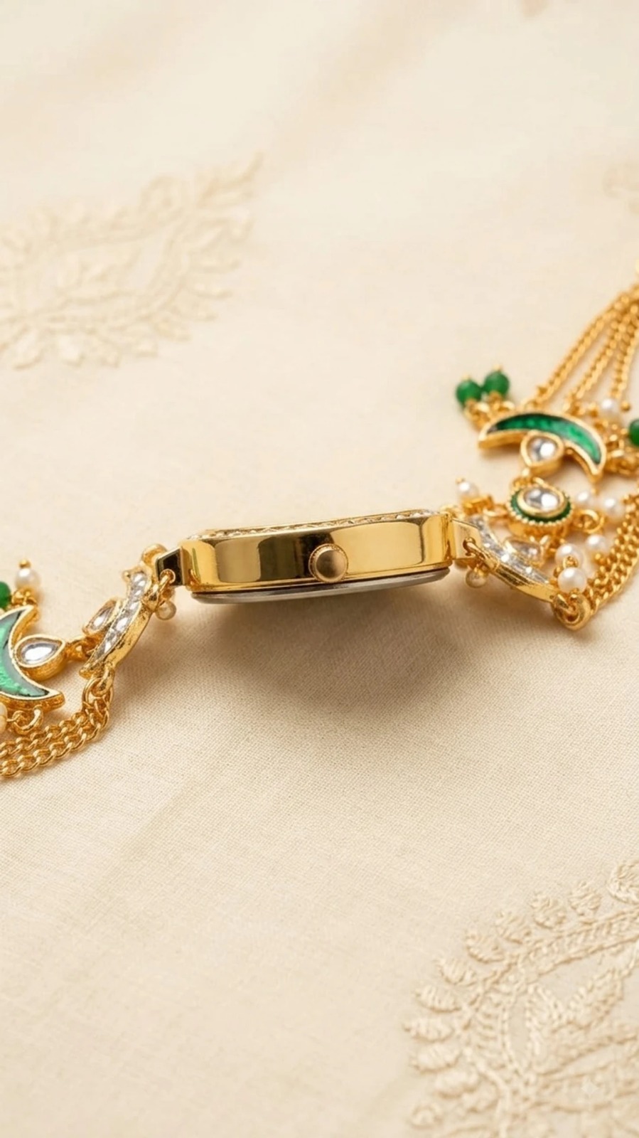 Green Kundan Bracelet Watch for Women | Round Dial - Image 3
