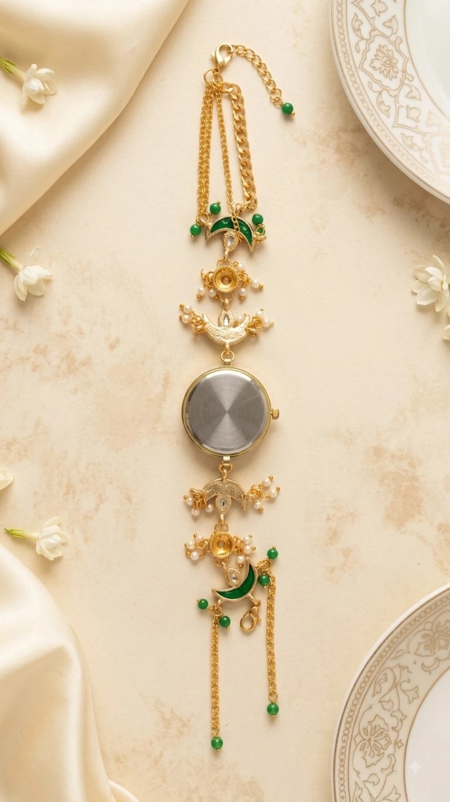 Green Kundan Bracelet Watch for Women | Round Dial - Image 4