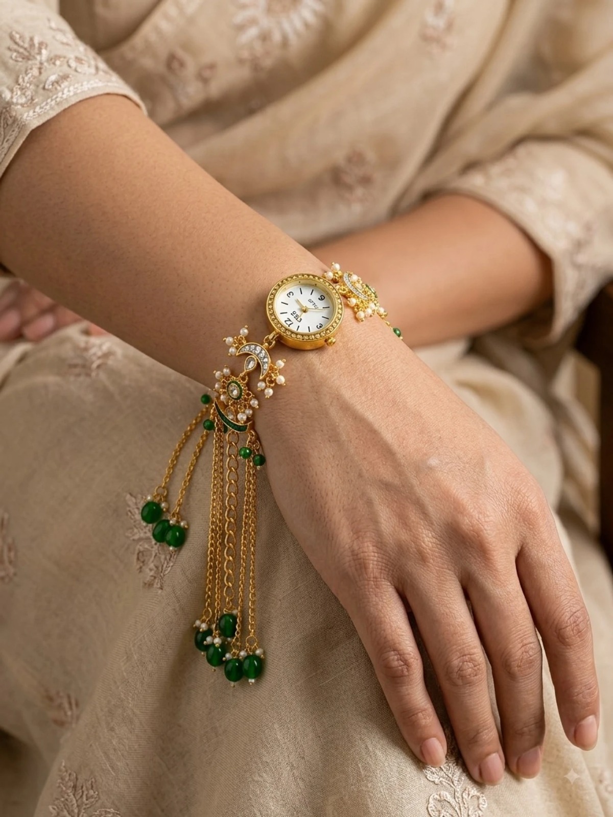 Green Kundan Bracelet Watch for Women | Round Dial - Image 6