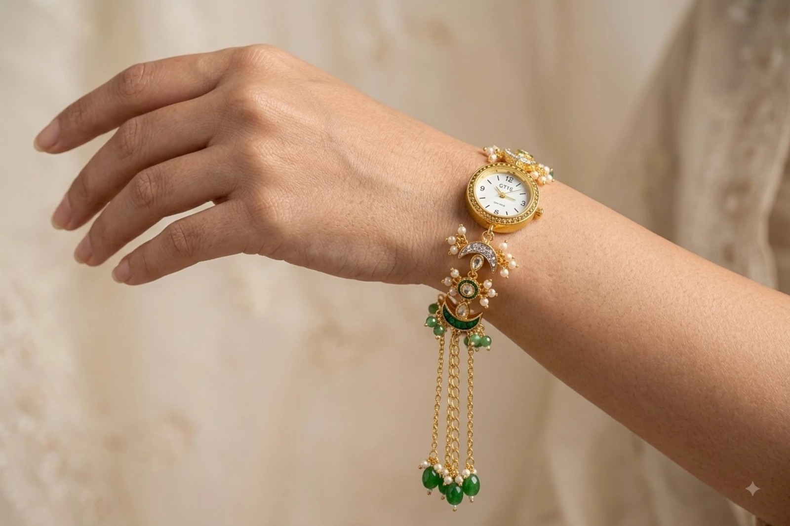 Green Kundan Bracelet Watch for Women | Round Dial - Image 7