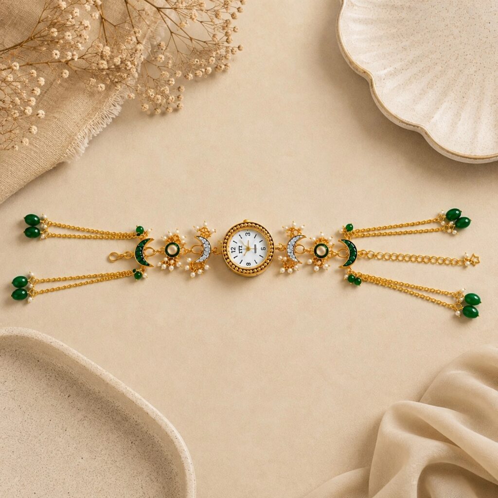 Green Kundan Bracelet Watch for Women | Round Dial