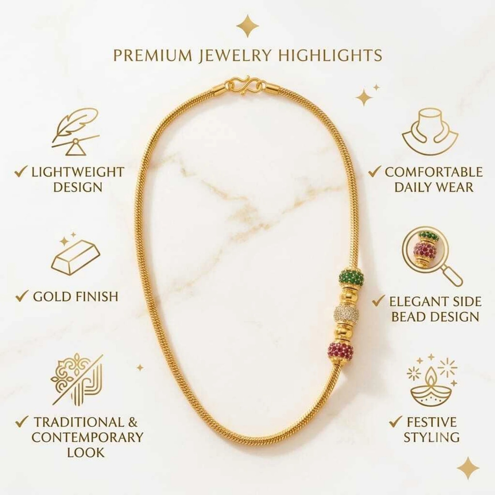 Gold Finish Beaded Snake Chain Necklace for Women - Image 4