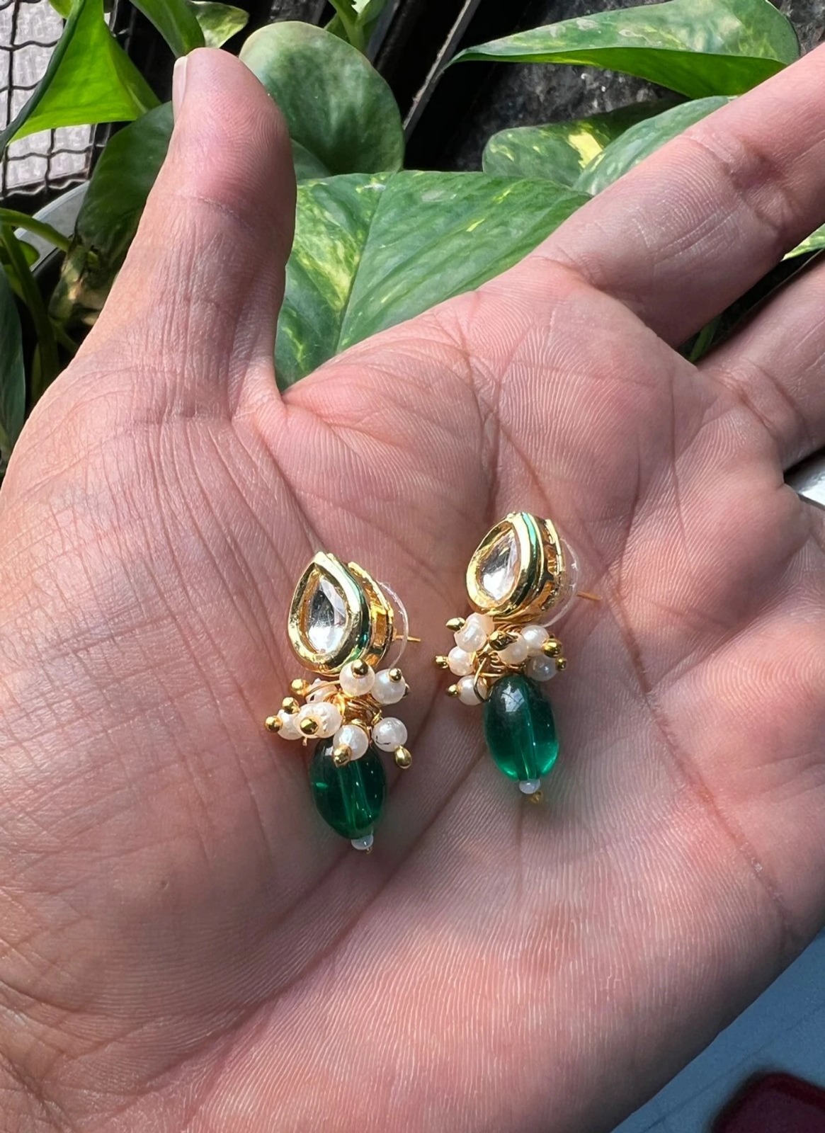 Green Beaded Gold Finish Earrings for Women - Image 2