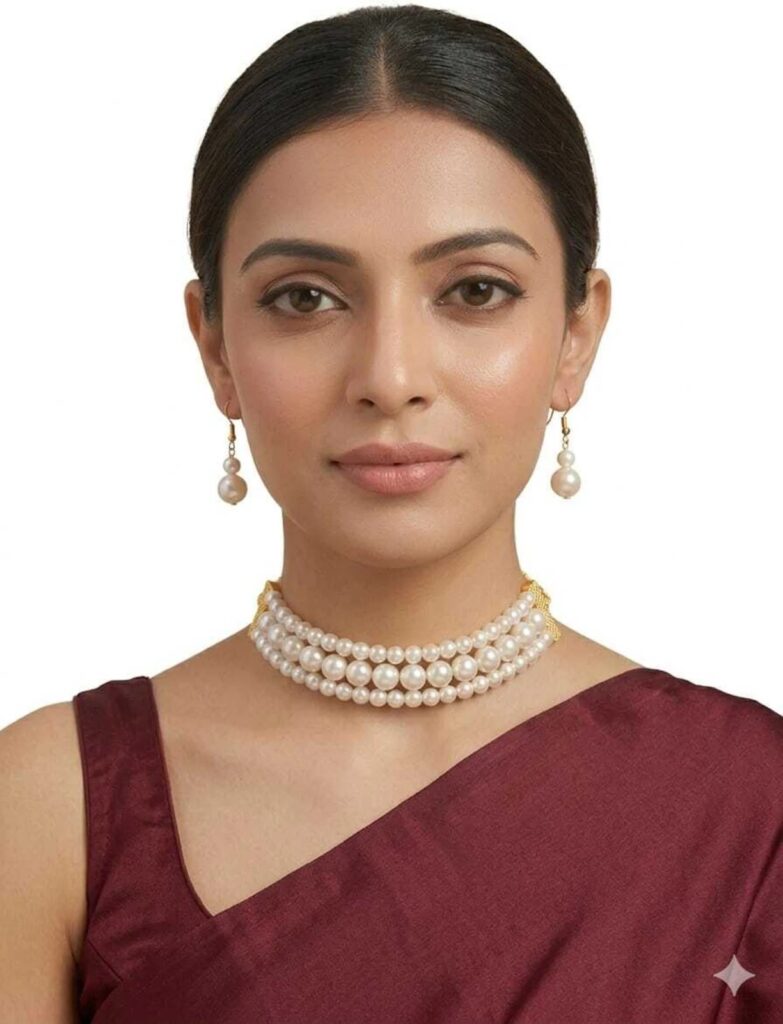 Gold Pearl Choker Necklace Set with Earrings