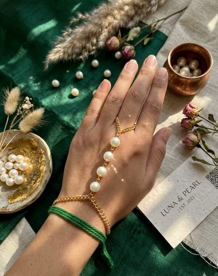 Pearl Hand Harness Bracelet for Women | Gold Tone Hand Chain