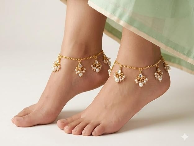 Pearl Gold Anklet Pair for Women | Elegant Floral Payal