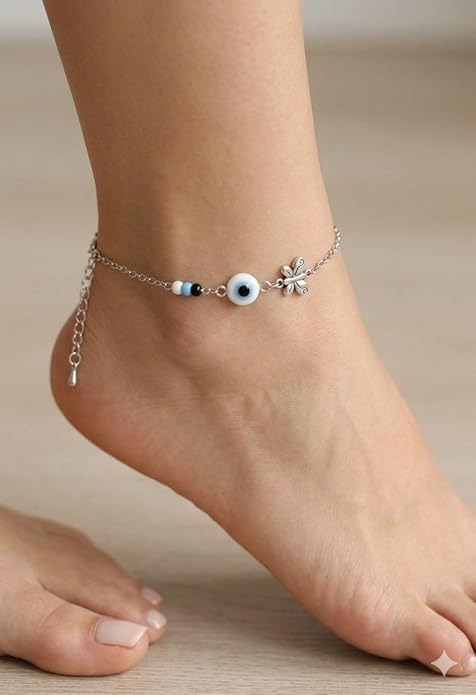 Silver Evil Eye Anklet for Women with Butterfly Charm