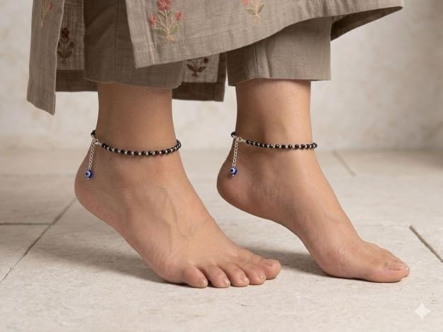 Black Beaded Evil Eye Anklet Pair for Women