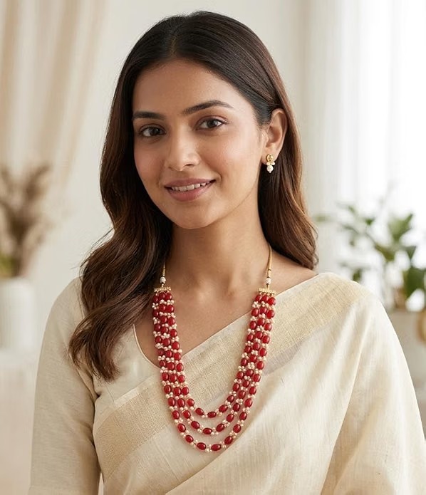 Red Pearl 3 Layer Necklace for Women | Ethnic Jewellery