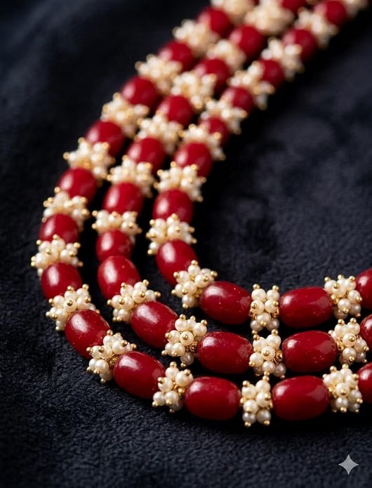 Red Pearl 3 Layer Necklace for Women | Ethnic Jewellery - Image 3