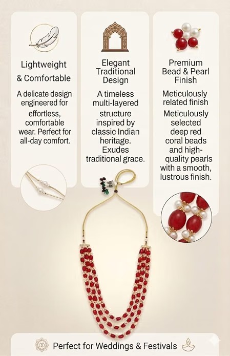 Red Pearl 3 Layer Necklace for Women | Ethnic Jewellery - Image 5